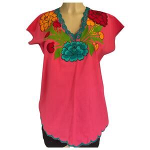 Blouse Pink Artisanal Floral Top Embroidered Mexican from Chiapas Folk Art